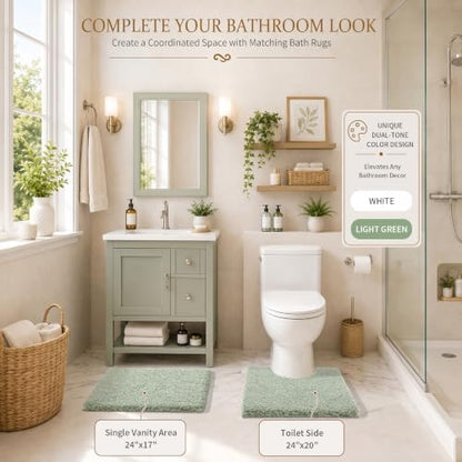 Yimobra Toilet Rugs U Shaped Washable 24X20, Ultra Soft and Water Absorbent Bath Mats, Non Slip Fluffy Shaggy Luxury Microfiber Contour Bath Rugs for Toilet, Dry Quick, Light Green and White