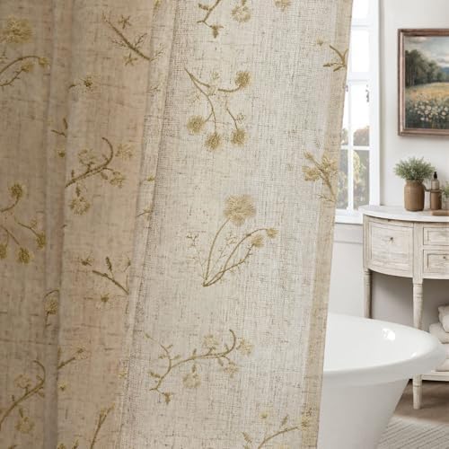Beige Floral Vintage Linen Shower Curtain Embroidered Textured 72Wx72H