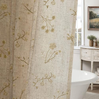 Beige Floral Vintage Linen Shower Curtain Embroidered Textured 72Wx72H