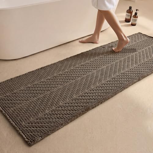 Sunfly Boho Herringbone Runner, Ultra Soft Non-Slip Waffle Bath Mat - Super Absorbent & Quick Dry Washable,Bathroom Runner Rug 24"x72" Taupe