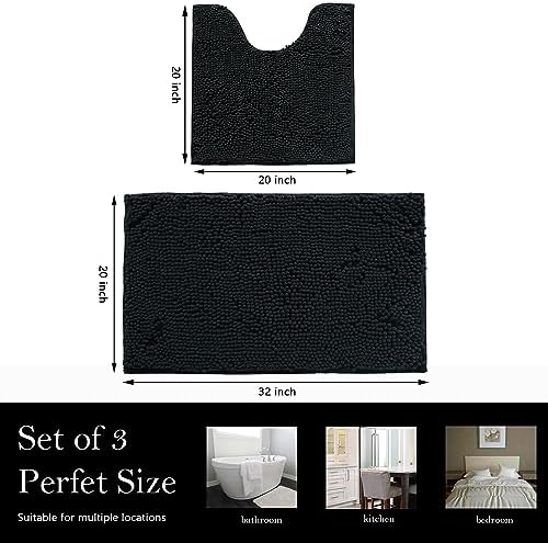 Bathroom Rugs Chenille Bath mat 2 Piece Set, Super Absorbent, Strong PVC Non Slip Backing, Bath mats for Bathroom, Plush Shaggy, Thick, Machine Washable, Bathtub, Shower, Toilet.(Black)