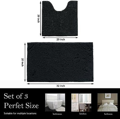 Bathroom Rugs Chenille Bath mat 2 Piece Set, Super Absorbent, Strong PVC Non Slip Backing, Bath mats for Bathroom, Plush Shaggy, Thick, Machine Washable, Bathtub, Shower, Toilet.(Black)