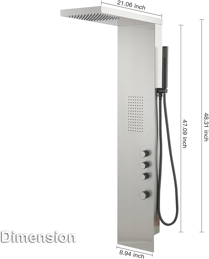 Shower Panel System Shower Wall Tower with Body Massage System Rain Shower Handheld 3 IN 1 High Pressure Jets Stainless Steel, Brushed Nickel