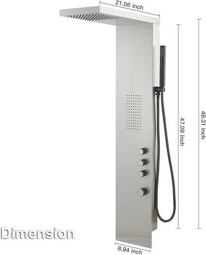 Shower Panel System Shower Wall Tower with Body Massage System Rain Shower Handheld 3 IN 1 High Pressure Jets Stainless Steel, Brushed Nickel