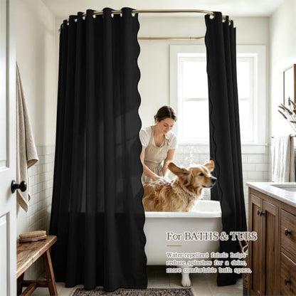 Furlinic Black Scalloped Shower Curtain No Hook Fabric Waterproof 72x96