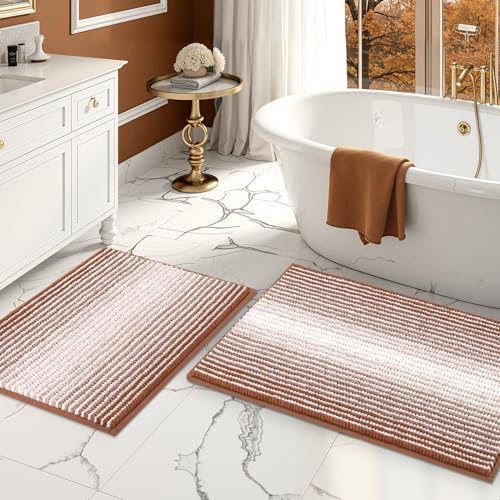 BSICPRO Bathroom Rugs Set 2 Piece, Non Slip Striped Bath Mat, Caramel Brown