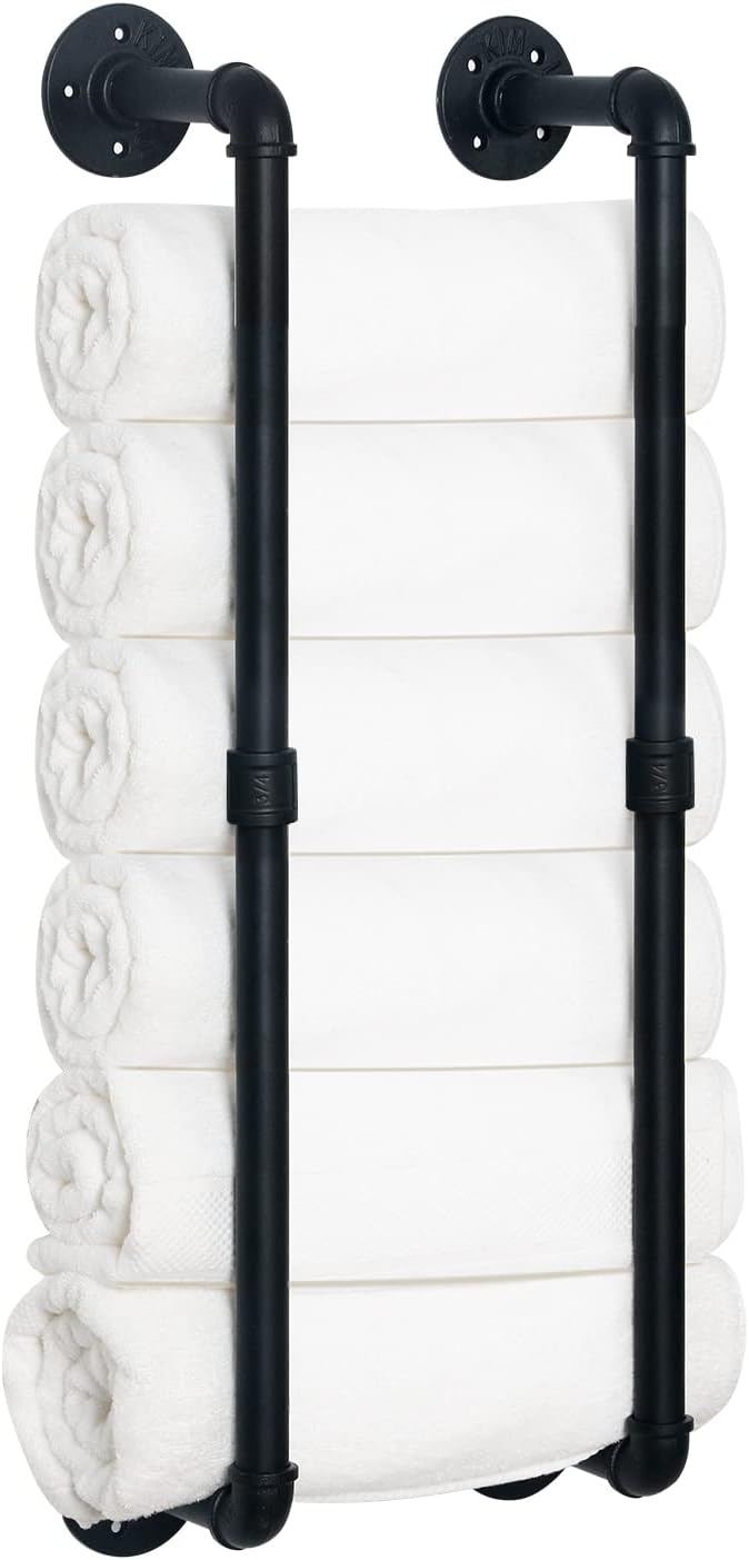 HouseAid Industrial Pipe Towel Rack, Farmhouse Bathroom Towel Storage Holder, Vintage Style Towel Organization, Wall Mounted, Matte Black