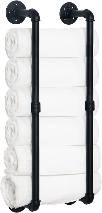 HouseAid Industrial Pipe Towel Rack, Farmhouse Bathroom Towel Storage Holder, Vintage Style Towel Organization, Wall Mounted, Matte Black