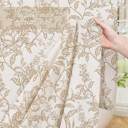 Brown Boho Linen Fabric Shower Curtain , Farmhouse Floral For Bathroom