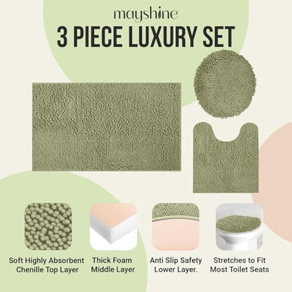 Standard 3pc Set Chenille Bath Mats, Includes 21"x24" U-Shaped Contour Toilet Rug, 21"x34" Inches Bathmat and 1 Toilet Lid Cover, Plush Absorbent Bath Mats Quick Dry, Sage Green