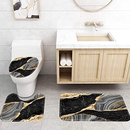 Nkzply 4Pcs Black Shower Curtain Bathroom Sets with Shower Curtain and Rugs