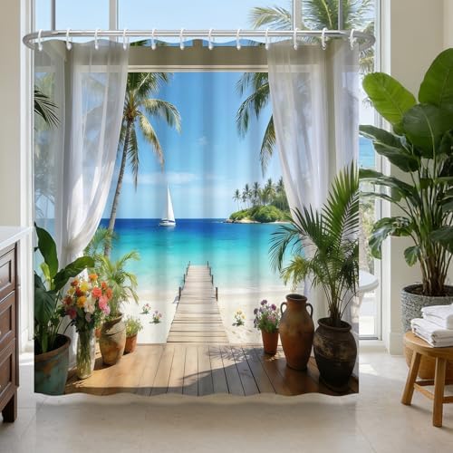 Summer Seaside Shower Curtain Set with Hooks, Tropical Ocean Scenery Weighted-Bottom Fabric Shower Curtains for Bathroom, Waterproof Machine Washable Coastal Shower Curtain, 72x72 Inch