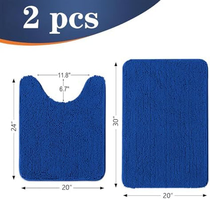 OLANLY Chenille Bathroom Rugs Mats Set 2 Piece, 30"x20"+24"x20", Royal Blue