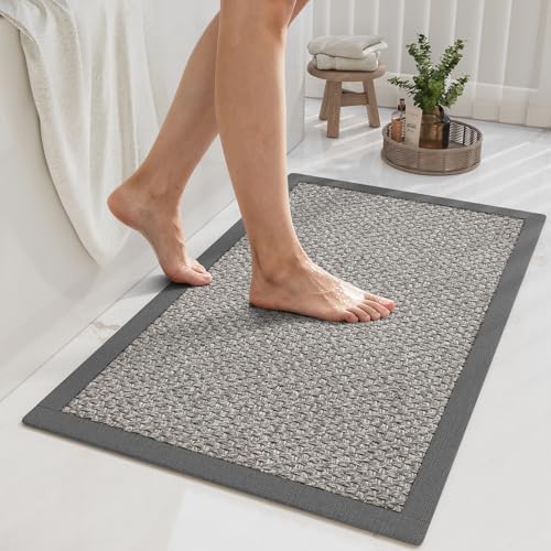 YDKGL Non Slip Bath Mat Bathroom Rugs, Soft Jute-Like Ultra Thin Bath Mats, Rubber Backing Super Absorbent Quick Dry Bath Rug Shower Mat Fit Under Door Bathroom Floor, Machine Washable, Gray 16" x 24"