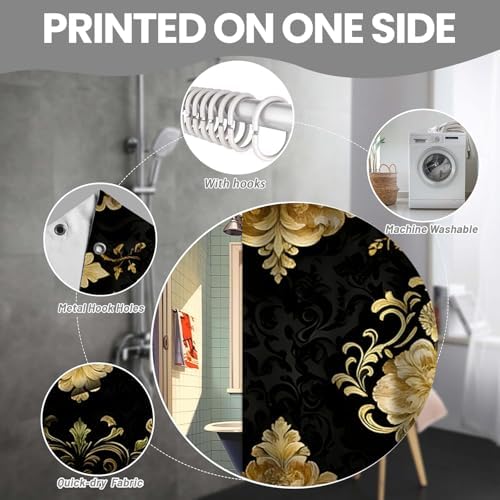 NBVKO 4Pcs Luxury Damascus Gold Flower Shower Curtain Set with 12 Hooks Non-Slip Rugs,Toilet Lid Cover and Bath Mat,Dark Gold Bathroom Decor for Hotel & Home Bathroom