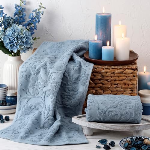 SmoothNovelty 2 Pcs Blue Floral Jacquard Hand Towels for Bathroom