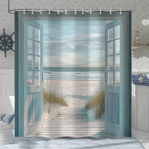 Blue Beach Barn Door Shower Curtain, Rustic Country Ocean Coastal Seaside Scenery Decor Bath Curtains, Retro Teal Wood Waterproof Bathroom Accessories Set, 72 x 72 inch with Hooks