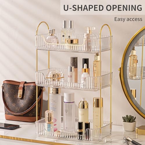 Akinbas 3 Tier Bathroom Organizer Countertop Makeup Perfume Tray Skincare Organizer for Bathroom Dresser Vanity (White)