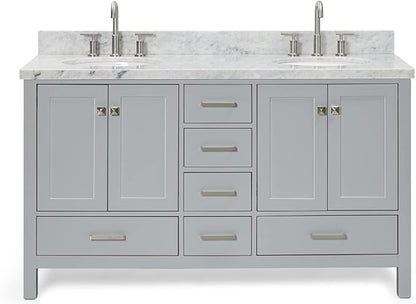 ARIEL Cambridge 60-inch Bathroom Vanity with Sink,Solid Wood, 1.5-inch Italian Carrara Marble Countertop & Backsplash, Double Oval Porcelain Sink, 4 Soft Closing Doors, 6 Dovetail Drawers, Grey