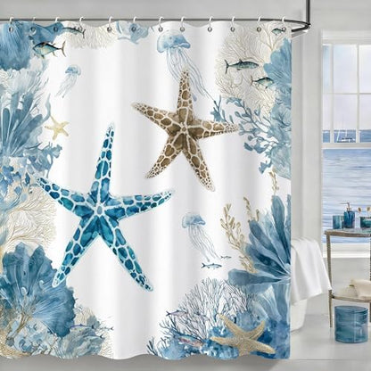 Blue Beach Shower Curtain for Bathroom, Ocean Coastal Theme, 72x84 In