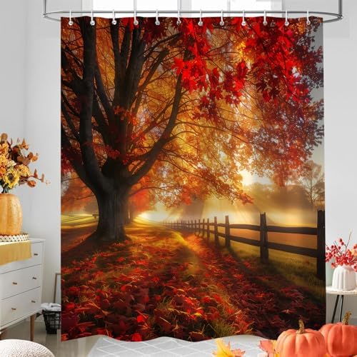 Fall Decor Shower Curtain, Golden Autumn Forest Leaves Natural Sunshine Farmhouse Bathroom Decor，Waterproof Cloth Fabric Bathroom Curtain Set with Hooks 72 x 72 inch