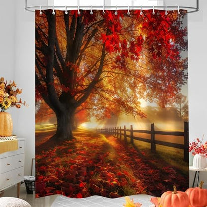 Fall Decor Shower Curtain, Golden Autumn Forest Leaves Natural Sunshine Farmhouse Bathroom Decor，Waterproof Cloth Fabric Bathroom Curtain Set with Hooks 72 x 72 inch