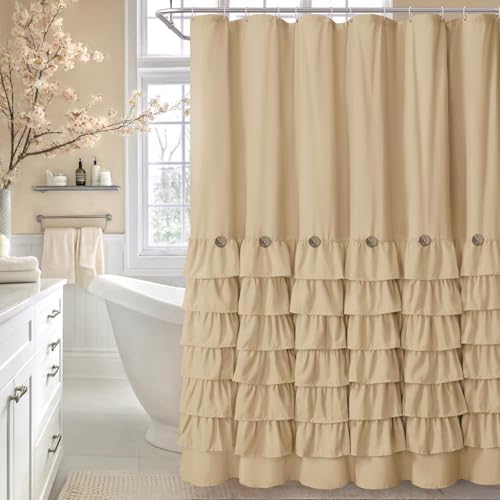 Ruffle Farmhouse Shower Curtain, Beige Vintage Shower Curtains for Bathroom Fabric Cute Rustic Cloth, 72" W X 78" L Inch