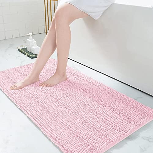 Grandaily Chenille Striped Bathroom Rugs 47x24, Extra Thick and Absorbent Bath Mats, Non-Slip Soft Plush Shaggy Shower Carpet, Machine Wash Dry, Bath Rug for Bathroom, Pink