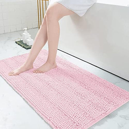 Grandaily Chenille Striped Bathroom Rugs 47x24, Extra Thick and Absorbent Bath Mats, Non-Slip Soft Plush Shaggy Shower Carpet, Machine Wash Dry, Bath Rug for Bathroom, Pink