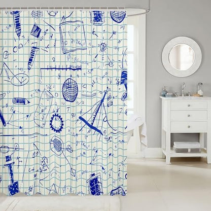 Feelyou Physics Shower Curtain Blue Equation Waterproof Bath Curtain Model On Graph Paper Bathroom Shower Curtain Set with 12 Hooks for Stalls Bathtubs Decorations 72" Wx72 L