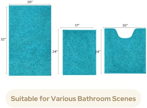 HOMEIDEAS Teal Blue Chenille Bathroom Rugs Set of 3, Non Slip Bath Mat