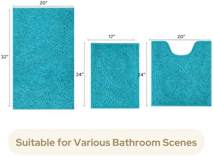 HOMEIDEAS Teal Blue Chenille Bathroom Rugs Set of 3, Non Slip Bath Mat