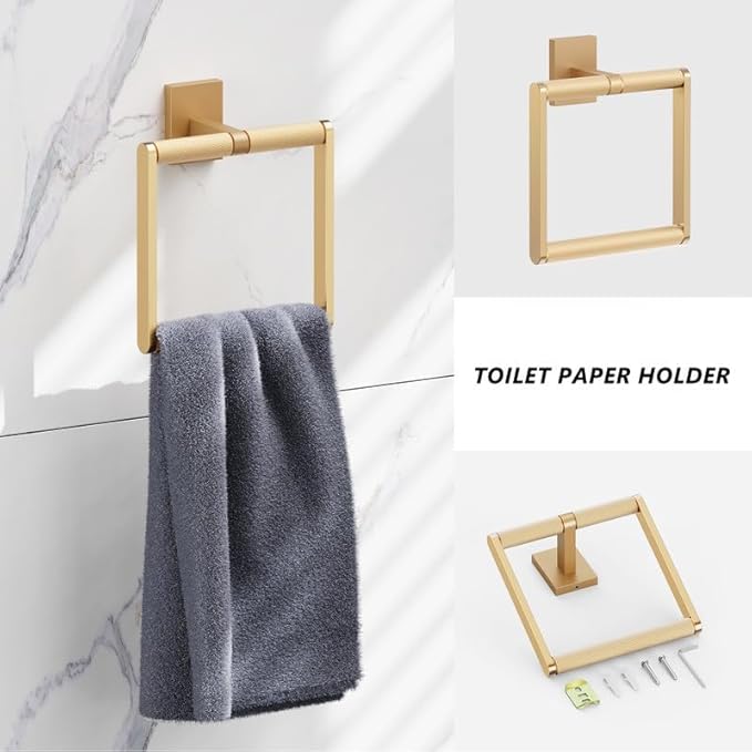 Bathroom Hardware Set 3 Piece Brushed Nickel/Brushed Gold Bathroom Accessories Set Including 24" Hand Towel Bars, Toilet Paper Holders, Towel Rings(3pcs, Brushed Gold)