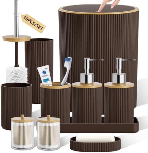10PC Bathroom Accessories Set - Brown and Wooden Bathroom Sets