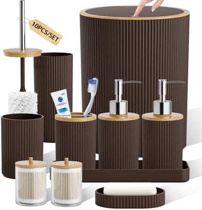 10PC Bathroom Accessories Set - Brown and Wooden Bathroom Sets