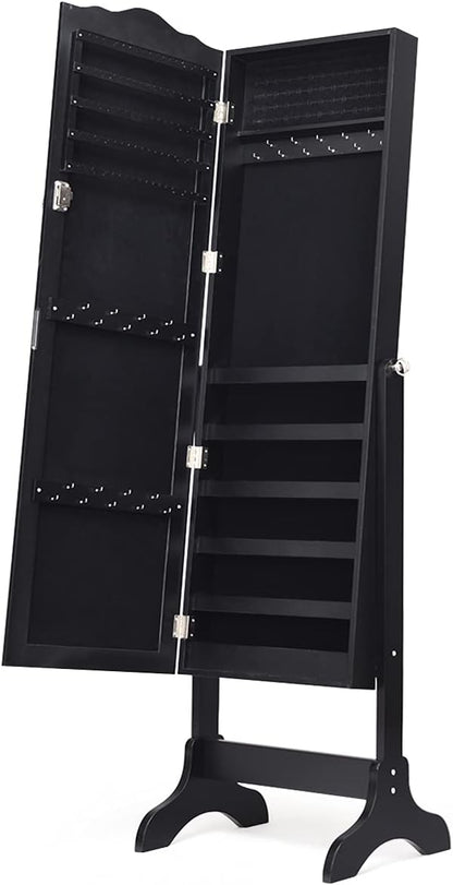 GIANTEX Jewelry Armoire with Full Length Mirror, Lockable Standing Jewelry Cabinet, Mirror with Jewelry Storage, Ring Earring Necklace Makeup Display, Jewelry Organizer Box for Women Girls, Black