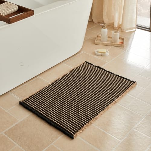Triohero Waffle Bath Mat, Boho Bathroom Rugs Non Slip, 20x30 Black & Khaki