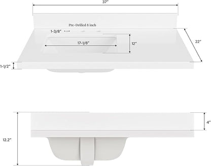 ARIEL 37 inch Bathroom Vanity top with Sink, 1.5 Inch Thick Miter Edge White Quartz top, Left Offset Vanity top with Rectangle Porcelain Sink, Includes Backsplash