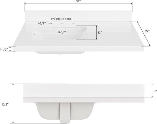 ARIEL 37 inch Bathroom Vanity top with Sink, 1.5 Inch Thick Miter Edge White Quartz top, Left Offset Vanity top with Rectangle Porcelain Sink, Includes Backsplash