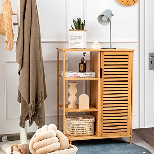 Tangkula Bamboo Bathroom Floor Cabinet, Storage Cabinet with Shutter Door and 3 Tier Shelves, Freestanding Bathroom Cabinet for Living Room Kitchen Hallway, Natural