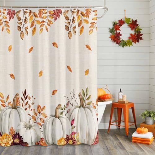 Shower Curtain Bathroom Set Thanksgiving Pumpkin Fall Orange Maple Leaf Watercolor Waterproof Shower Curtains with Grommets Hooks Vintage Linen Privacy Bath Curtain for Bathtub Decor 72x72in