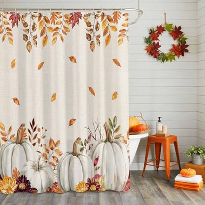 Shower Curtain Bathroom Set Thanksgiving Pumpkin Fall Orange Maple Leaf Watercolor Waterproof Shower Curtains with Grommets Hooks Vintage Linen Privacy Bath Curtain for Bathtub Decor 72x72in