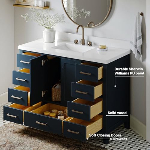 ARIEL Cambridge 48-inch Bathroom Vanity with Sink,Solid Wood, 1.5-inch Pure White Quartz Countertop, Single Rectangular Porcelain Sink, 2 Soft Closing Doors, 9 Dovetail Drawers, Midnight Blue