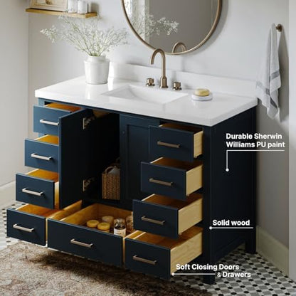 ARIEL Cambridge 48-inch Bathroom Vanity with Sink,Solid Wood, 1.5-inch Pure White Quartz Countertop, Single Rectangular Porcelain Sink, 2 Soft Closing Doors, 9 Dovetail Drawers, Midnight Blue