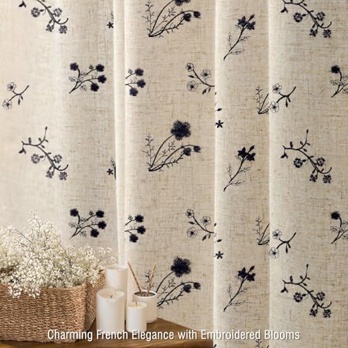 Black Floral Vintage Linen Shower Curtain Embroidered Textured 72Wx72H