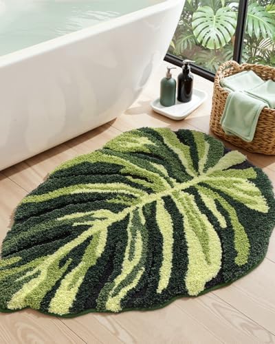 DEXI Cute Bath Mat, Green Leaf Monstera Bathroom Rugs 31.5x23.5