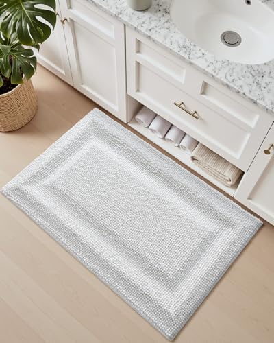 DEXI Bathroom Rugs 43x24, Non Slip Washable Chinelle Bath Mat, White