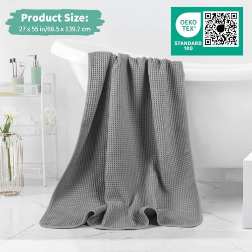 Microfiber Waffle Bath Towels, 4 Pieces, Soft, Absorbent, Fast Drying, Lint Free 430 GSM (27''x55''/68.58 cm x139.7 cm) (Gray+Blue)