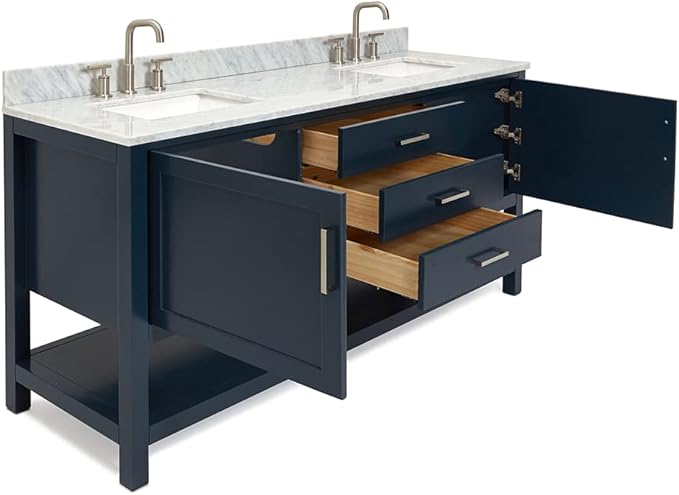 ARIEL Bayhill 72-inch Bathroom Vanity with Sink,Solid Wood, 0.75-inch Italian Carrara Marble Countertop, Double Rectangular Porcelain Sink, 2 Soft Closing Doors, 3 Dovetail Drawers, Midnight Blue