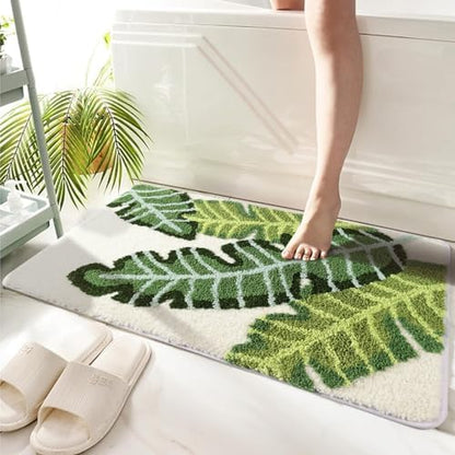 Leaves Bath Mat Green Area Rug 2 Piece Non-Slip Soft Absorbent Bathroom Rugs Set Machine Washable Bath Rug Floor Carpet Entryway Door Mat for Tub Shower Decor (17.5 X 25.5+19.5 X 31.5 Inches)